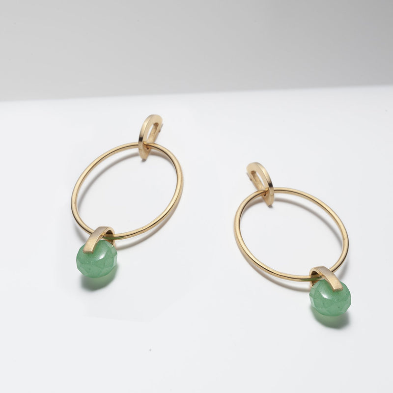 Gold plated large dangle hoops with green aventurine for women