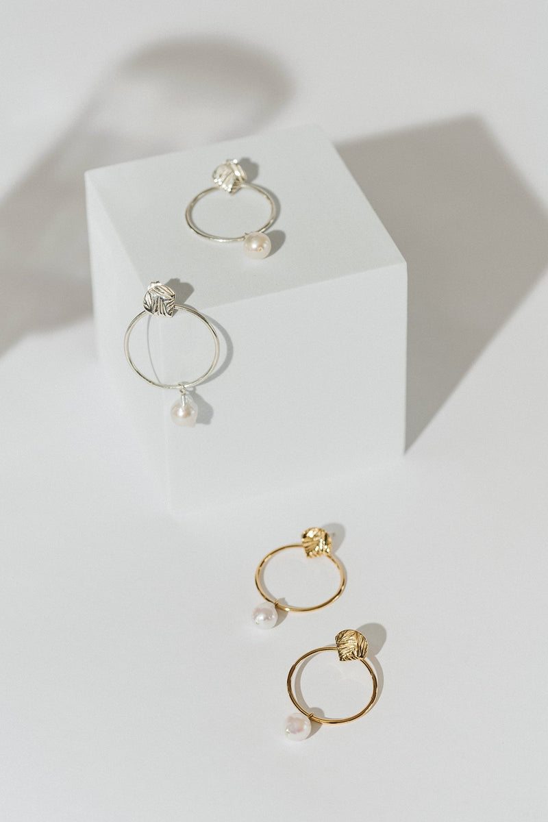 Pearl charm hoop earrings in silver or gold