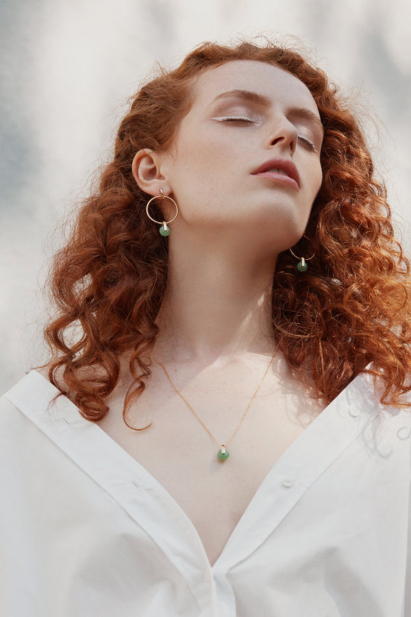 Gold plated large hoop earrings and necklace with green aventurine