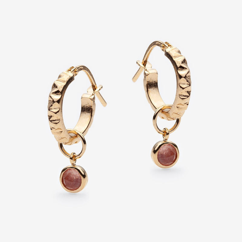 Medium gold hoops with pink strawberry quartz charms - Canada