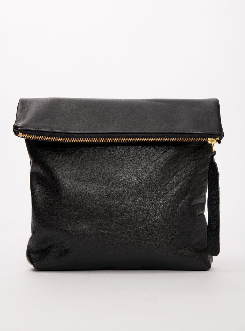 Veinage Bordeaux black leather clutch bag with crossbody strap