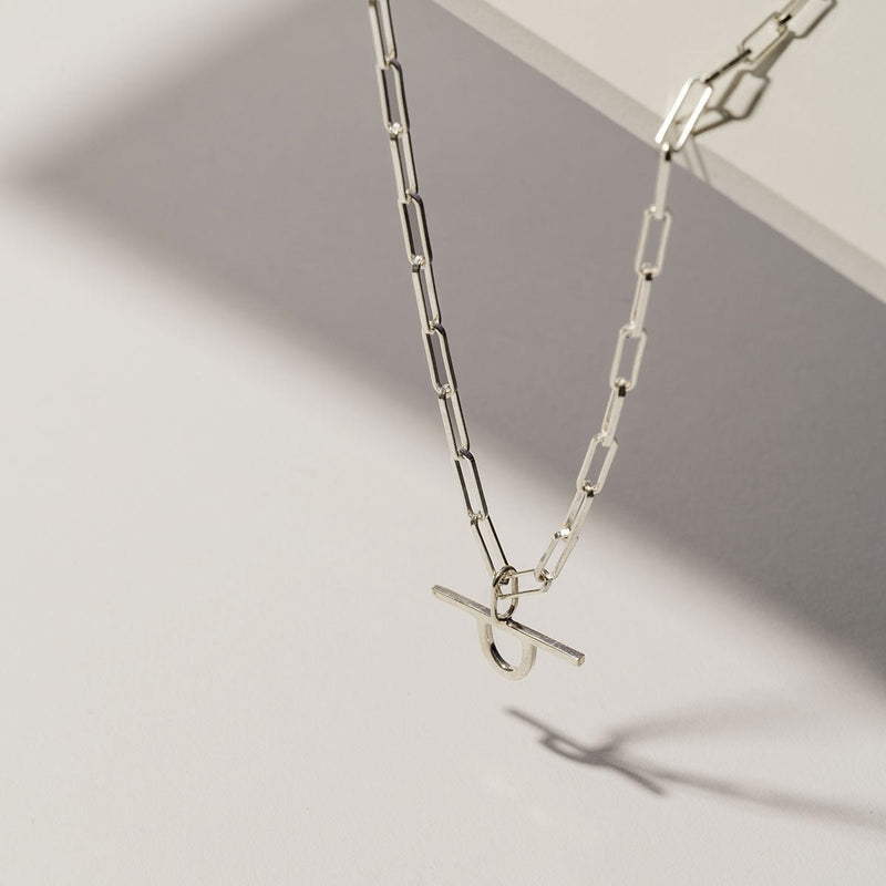 Sterling silver thick paperclip chain necklace with geometirc pendant - made in Montreal