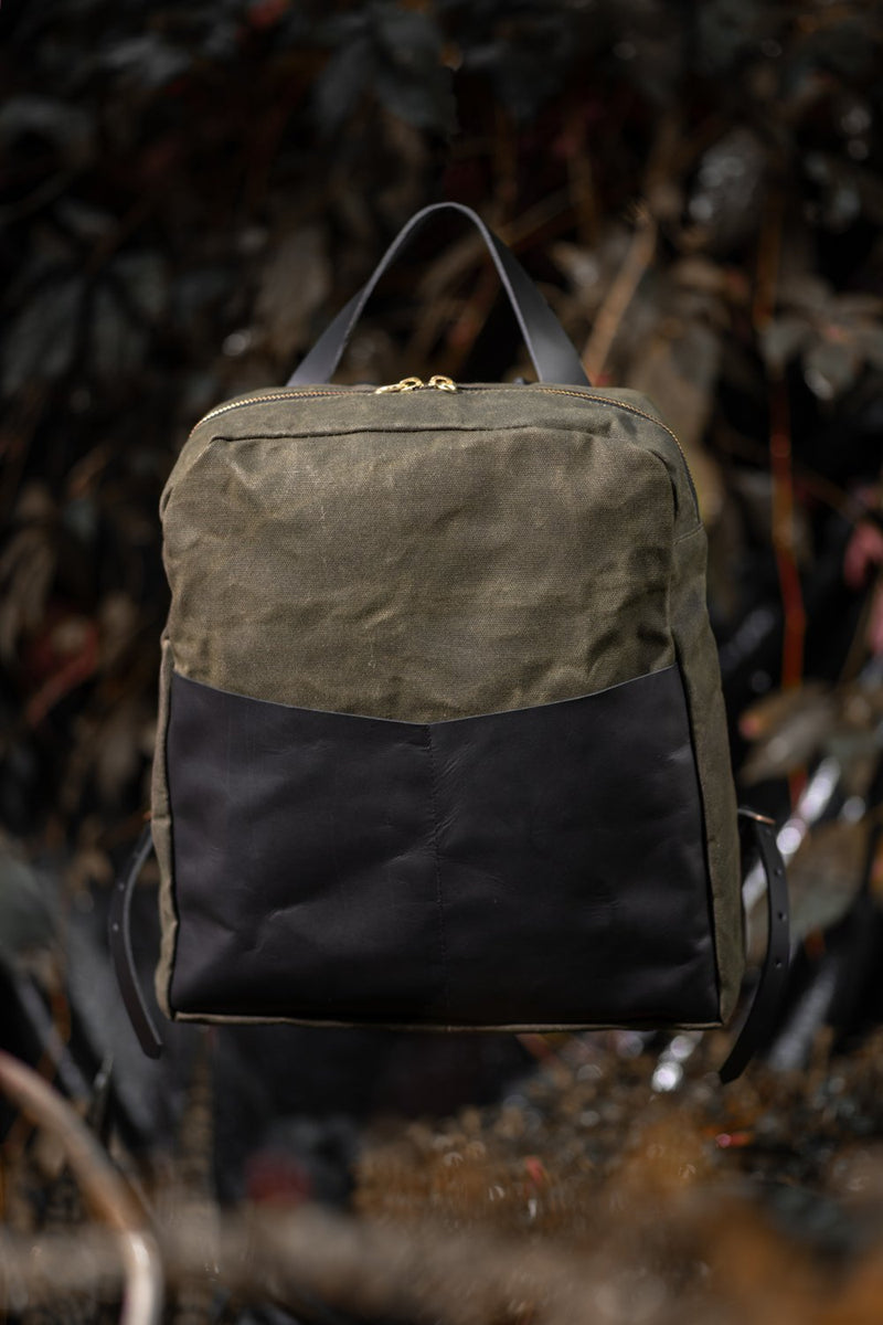 Veinage Gilford black leather and army green waxed canvas backpack