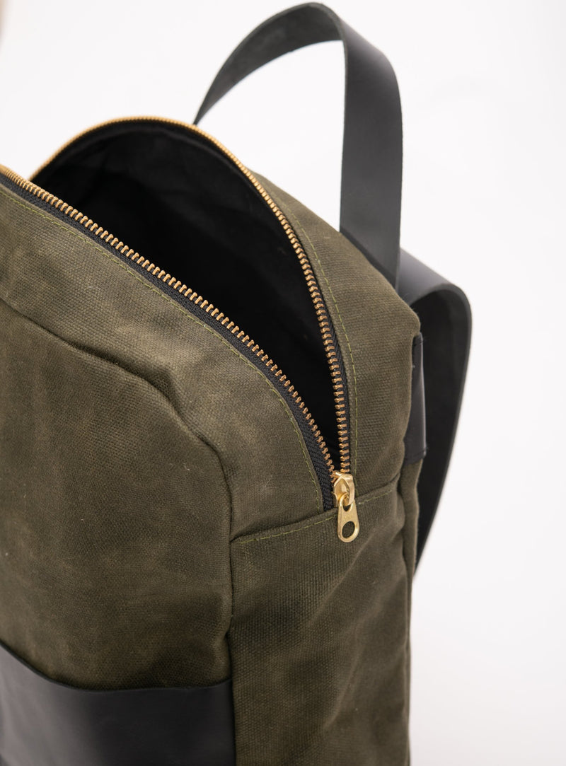 Veinage Gilford black leather and army green waxed canvas backpack
