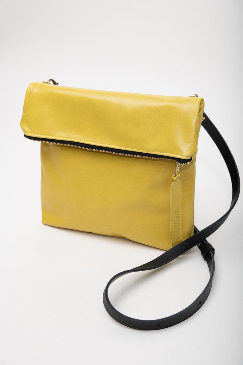 Veinage Yellow leather clutch bag with crossbody strap BORDEAUX model