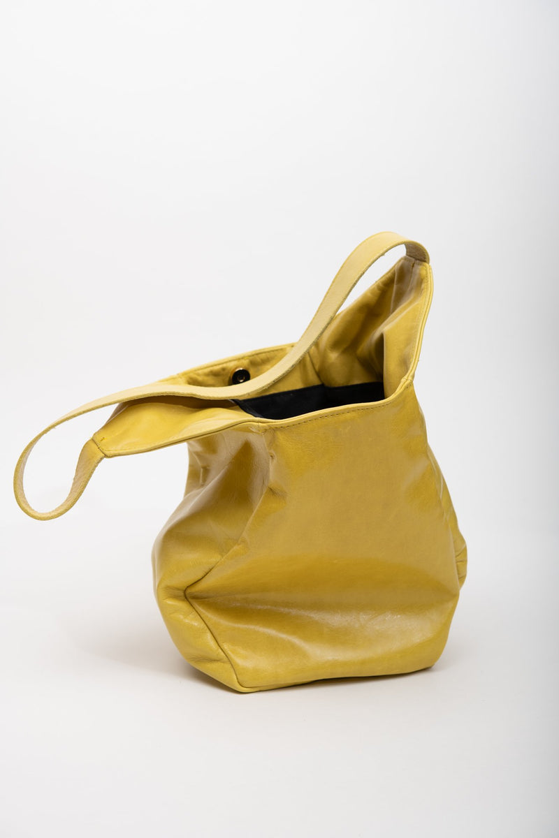 Veinage Geometrical yellow leather tote bag MONT-ROYAL model, Veinage handmade in Montreal, Canada