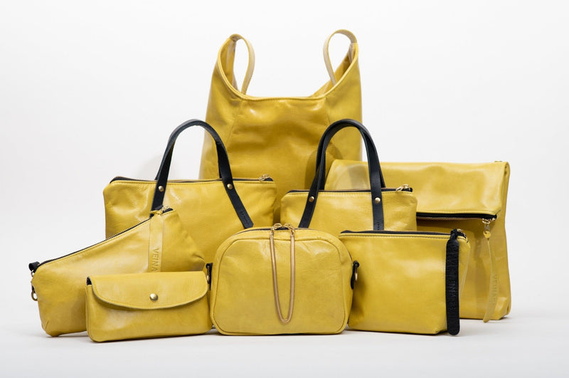 Yellow leather family, Veinage handmade in Montreal, Canada
