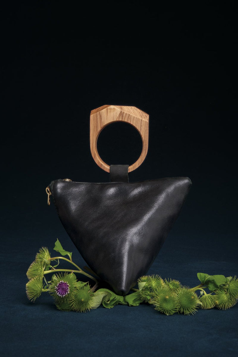 Leather bag with geometrical wood handle - Laurier