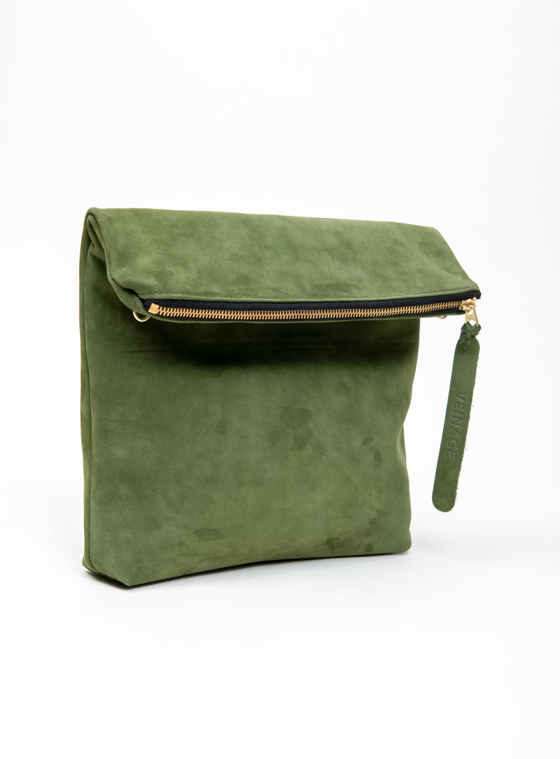 Veinage Bordeaux green suede leather clutch bag with crossbody strap