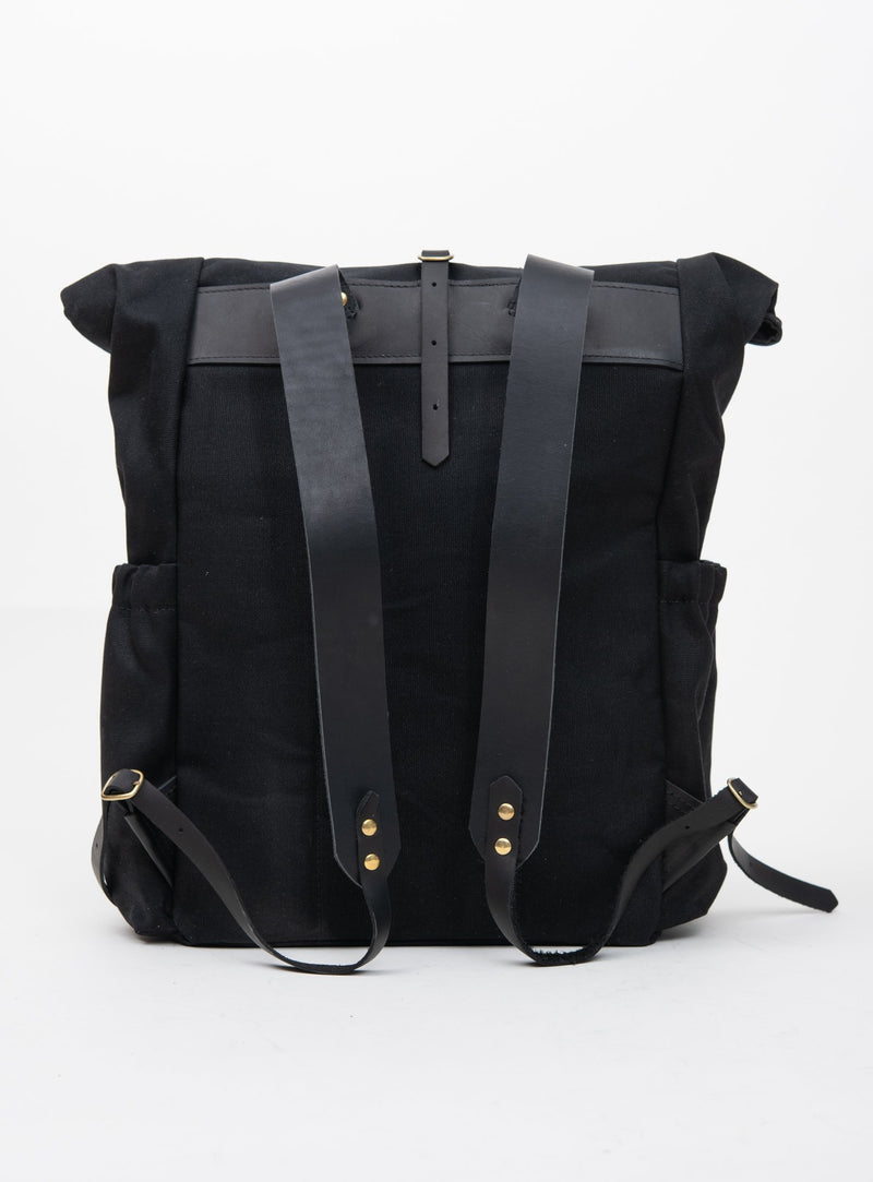 Veinage De Lorimier black leather and waxed canvas roll top backpack