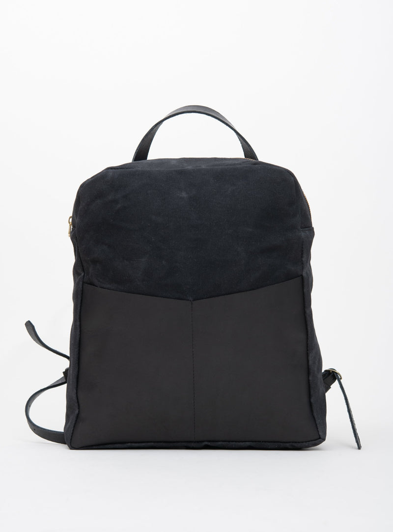 Veinage Gilford black leather and waxed canvas backpack