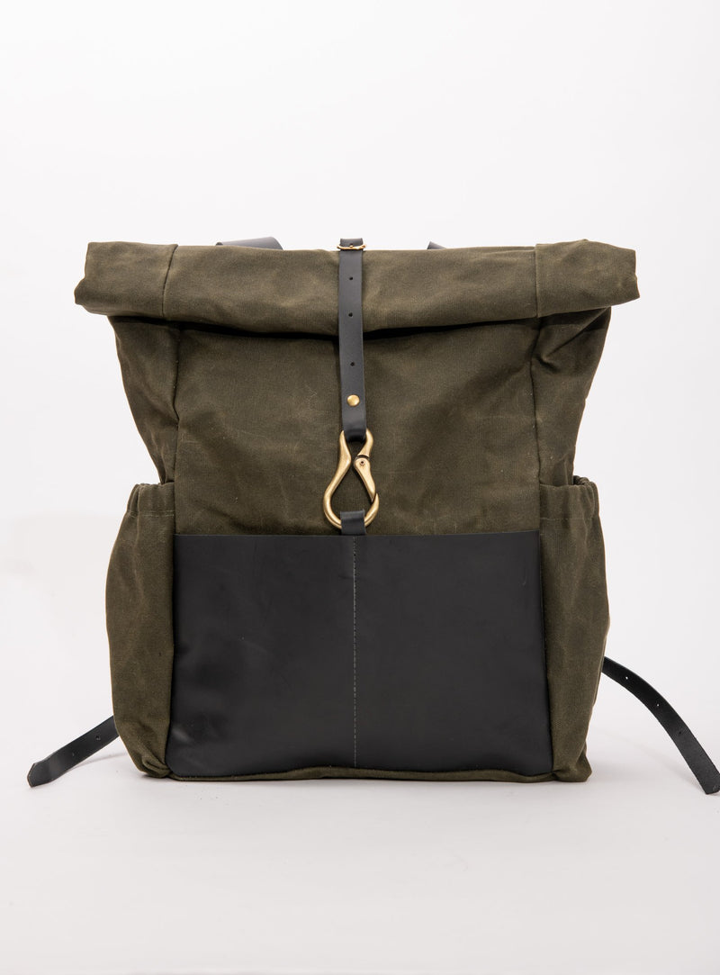 Veinage De Lorimier black leather and army green waxed canvas roll top backpack