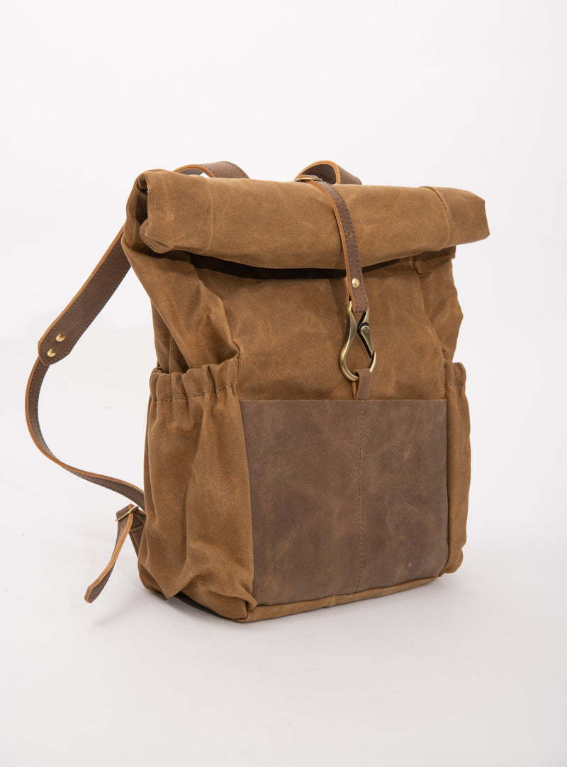 Veinage De Lorimier tan brown leather and  waxed canvas roll top backpack