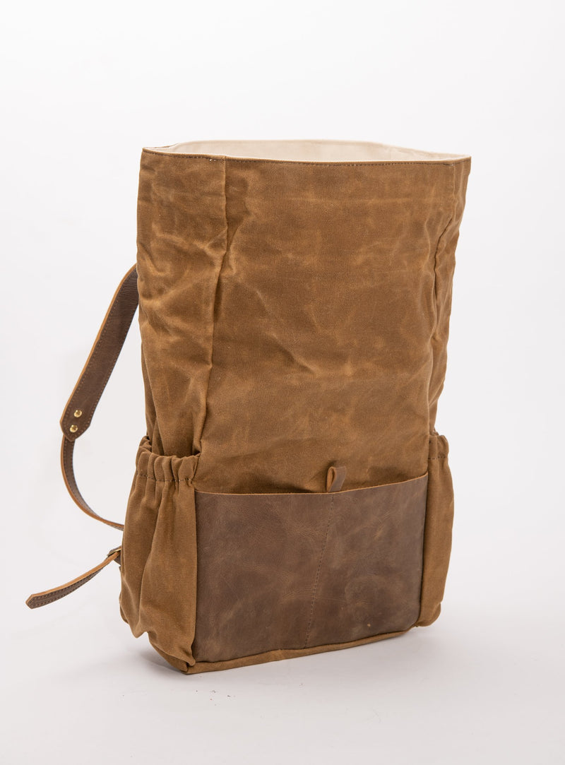 Veinage De Lorimier tan brown leather and  waxed canvas roll top backpack